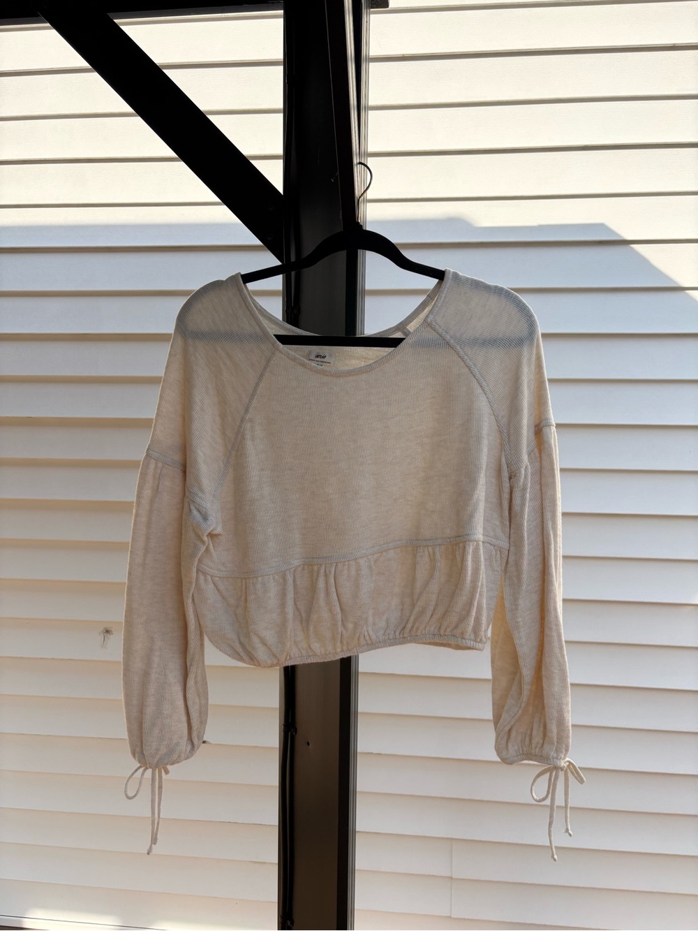 aerie Cream Cropped Drawstring Sleeve Sweatshirt